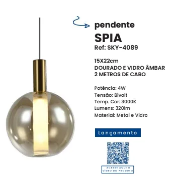 Pendente SPIA Ø15x21cm Dourado e Vidro Âmbar 4W 3000K — imagem 3